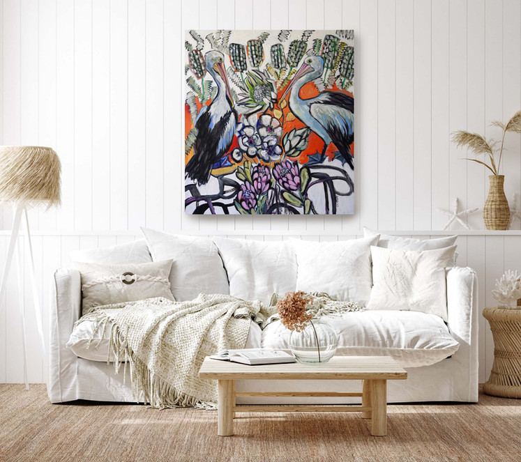Pelicans and Petals – Original Coastal Wildlife Painting, displayed in living room