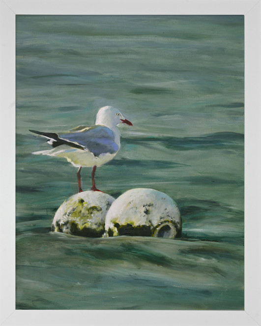 Drifting Gaze original small oil painting on board showing a seagull on a buoy in a white frame