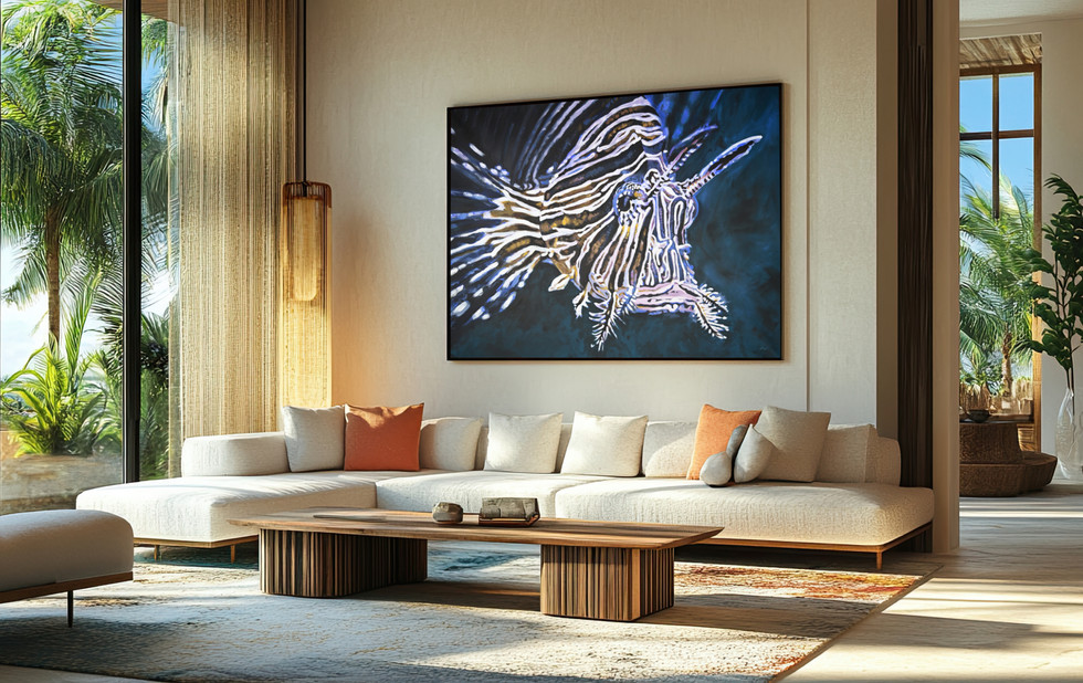 oversized painting of a lionfish displayed in an impressive home