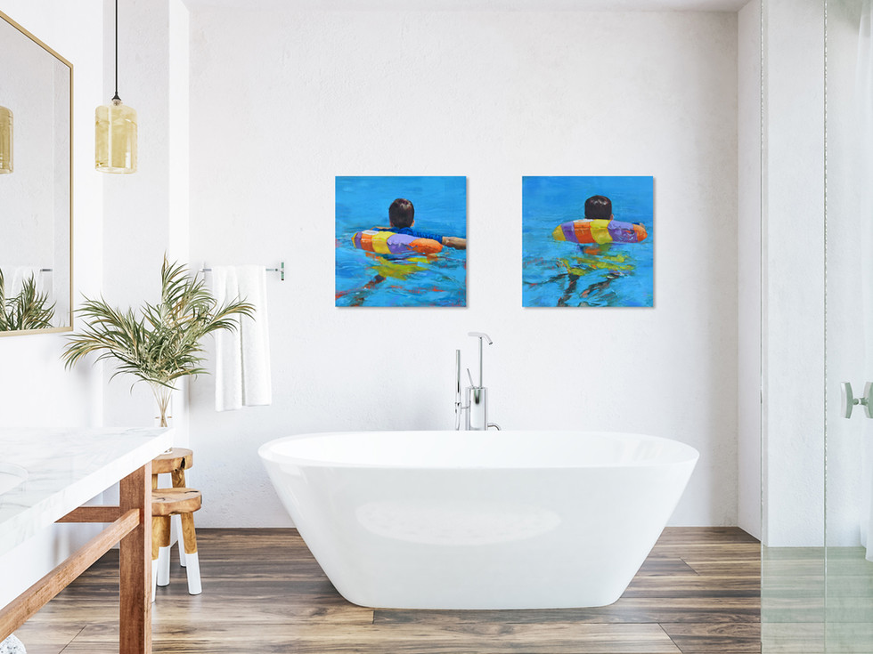 Two paintings of a child swimming with a colorful float