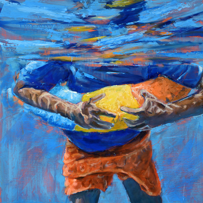 Painting of a boy swimming with a colourful inflatable ring