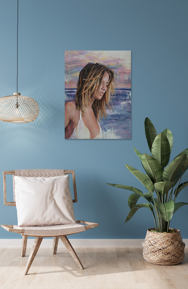 painting of woman at beach, hanging in home interior