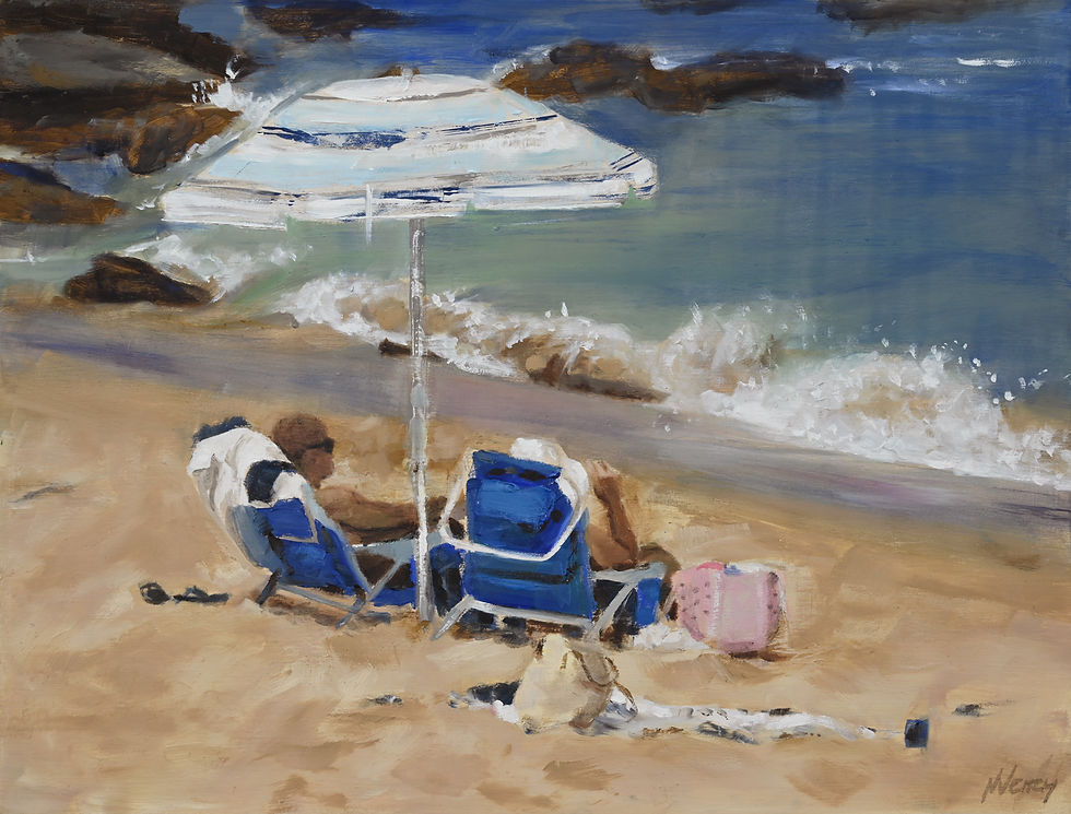 Small oil painting of a couple sitting in chairs under a beach umbrella with towels and bags on the sand by Naomi Veitch