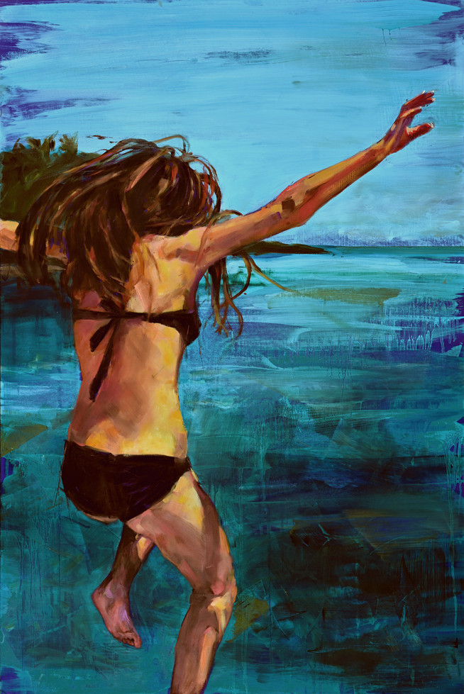 Woman in a black bikini jumps into the ocean, arms outstretched, painting of a woman jumping into water