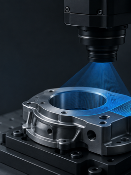 Machine-vision camera inspecting a precision metal component with a highlighted surface anomaly