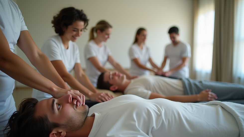 Eye-level view of a classroom with students practicing massage techniques