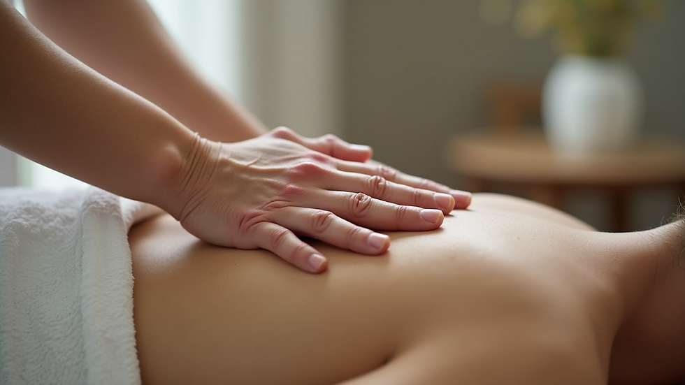 Close-up view of a massage therapist’s hands gently massaging a client’s shoulder