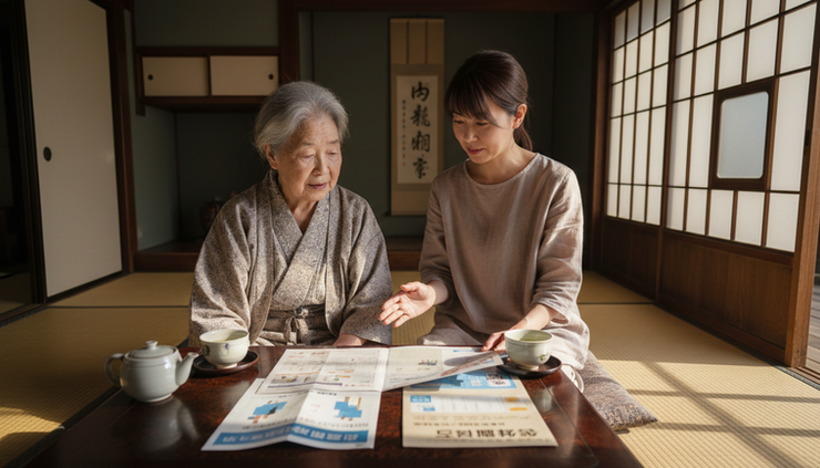 目線の高さで見た日本の居間で親子が自治体の介護案内を一緒に読んでいる様子。