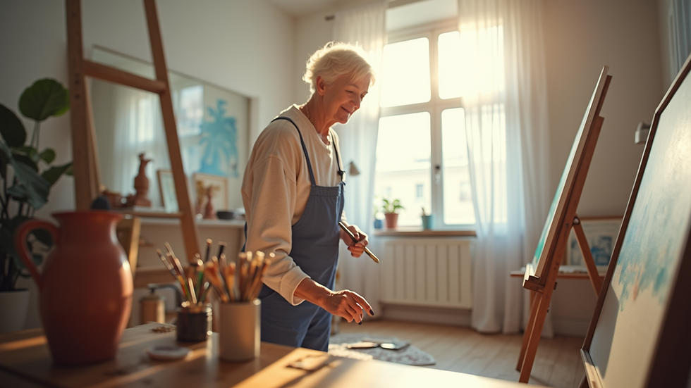 Eye-level view of a senior person painting on a canvas in a bright room