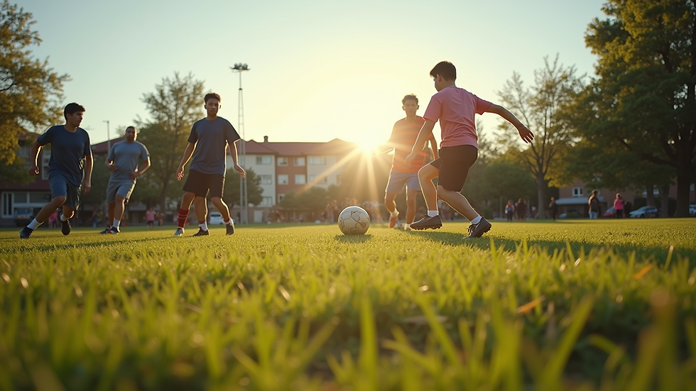 Eye-level view of a community park with people playing soccer