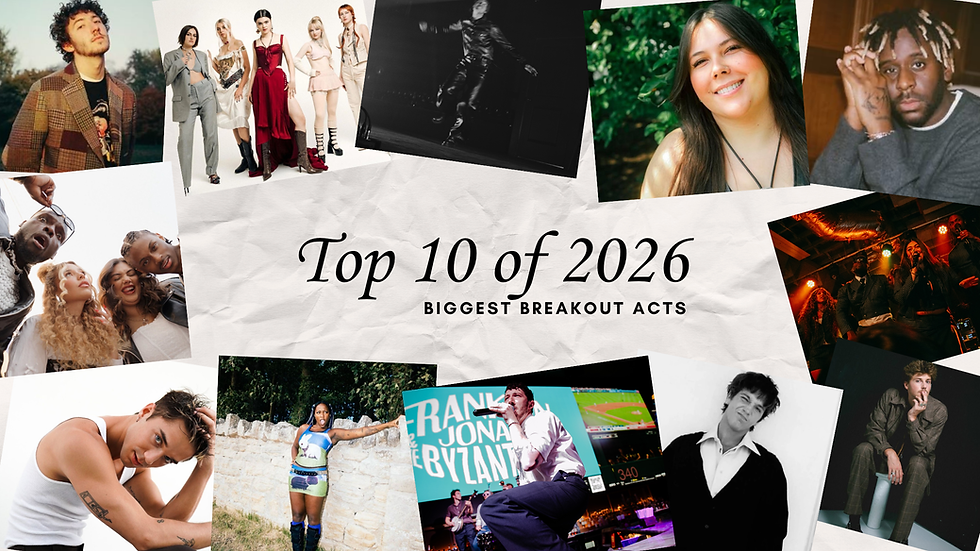 Collage of breakout artists around the title Top 10 of 2026 and BIGGEST BREAKOUT ACTS, with portraits and live performance shots.