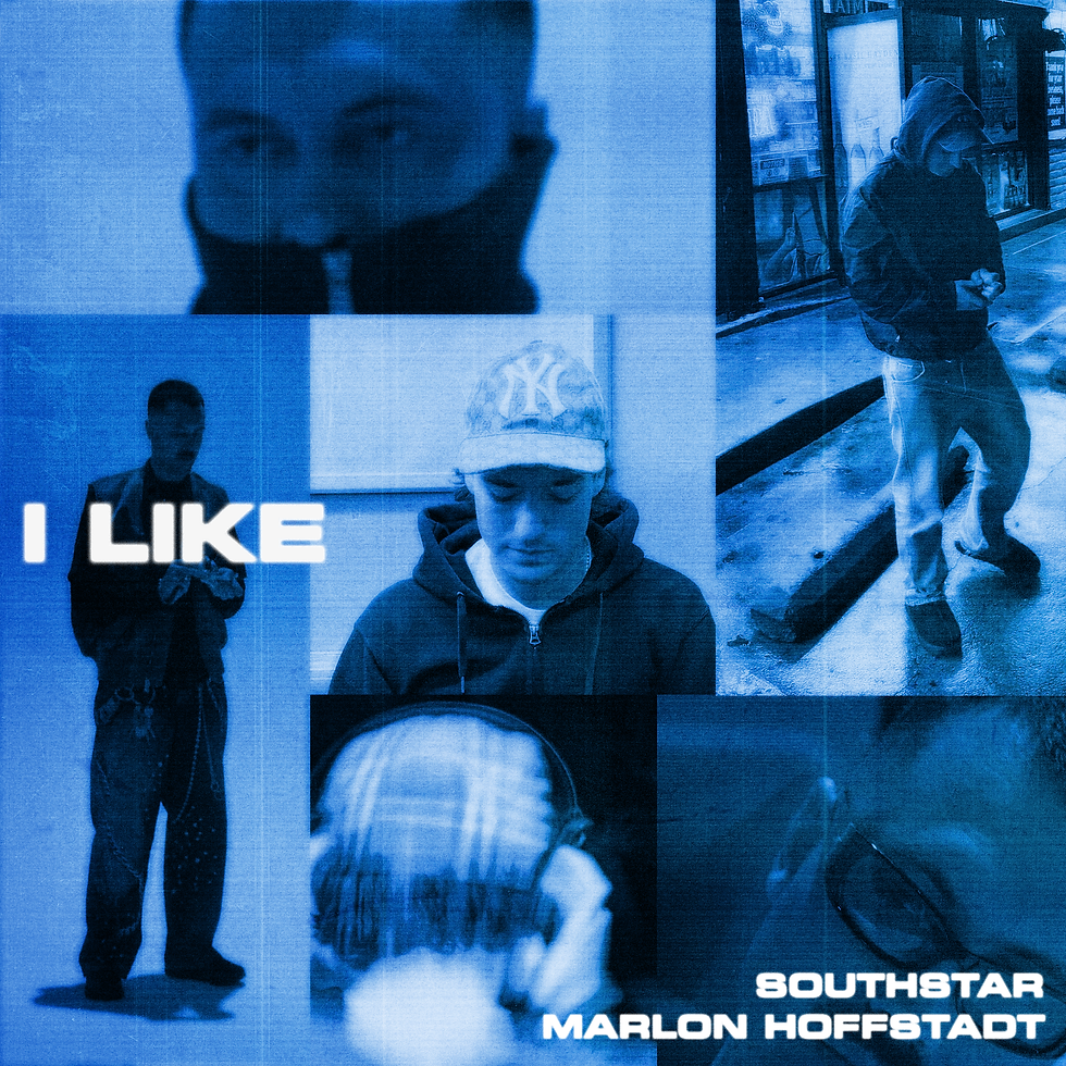 Blue-tinted collage of a hooded young man in street scenes, with bold text I LIKE SOUTHSTAR MARLON HOFFSTADT.