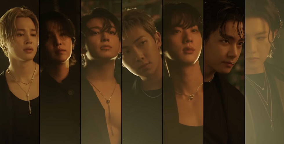 Seven members of BTS in dim lighting each in separate panels, wearing dark clothing and necklaces. Moody and introspective expressions.