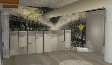 A room with a wall showing the history of the space