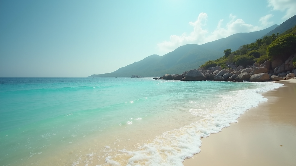 Wide angle view of a tranquil beach with clear waters