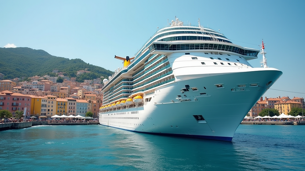 Eye-level view of a cruise ship docked at a vibrant port