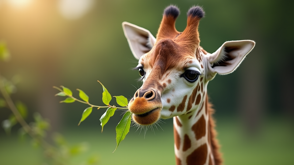 Close-up view of baby giraffe Tucker munching on leaves