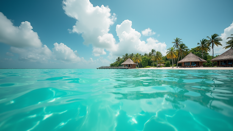 Eye-level view of a luxury private island resort with turquoise water