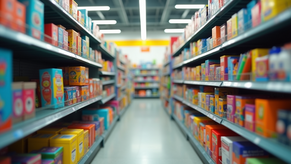 Eye-level view of a colorful school supply aisle