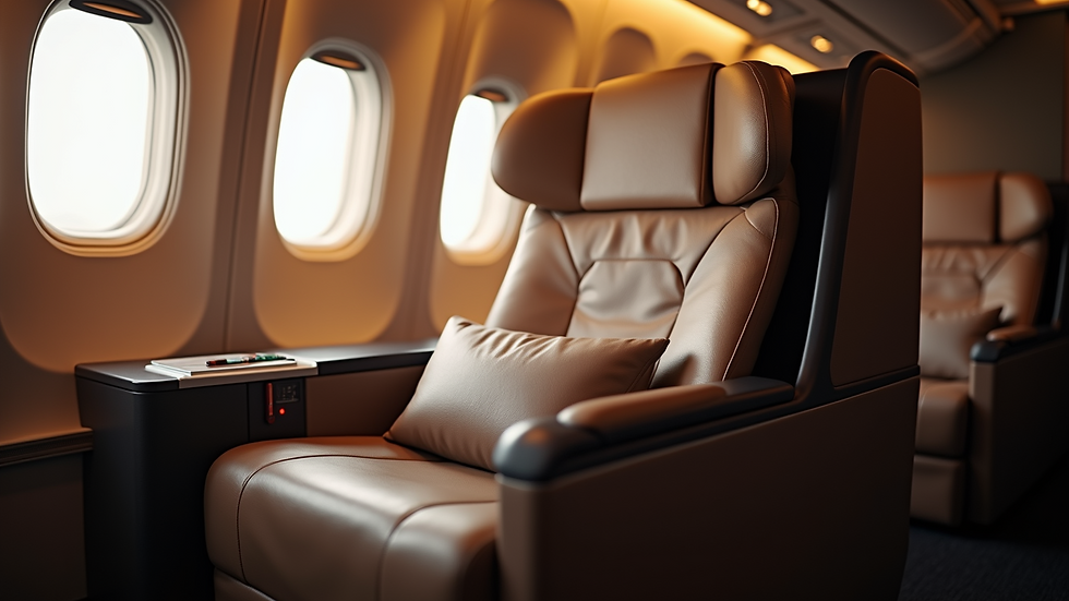 Close-up view of the plush reclining seat in business class cabin