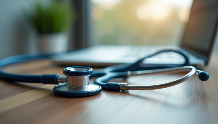 Close-up view of a stethoscope resting on a wooden table