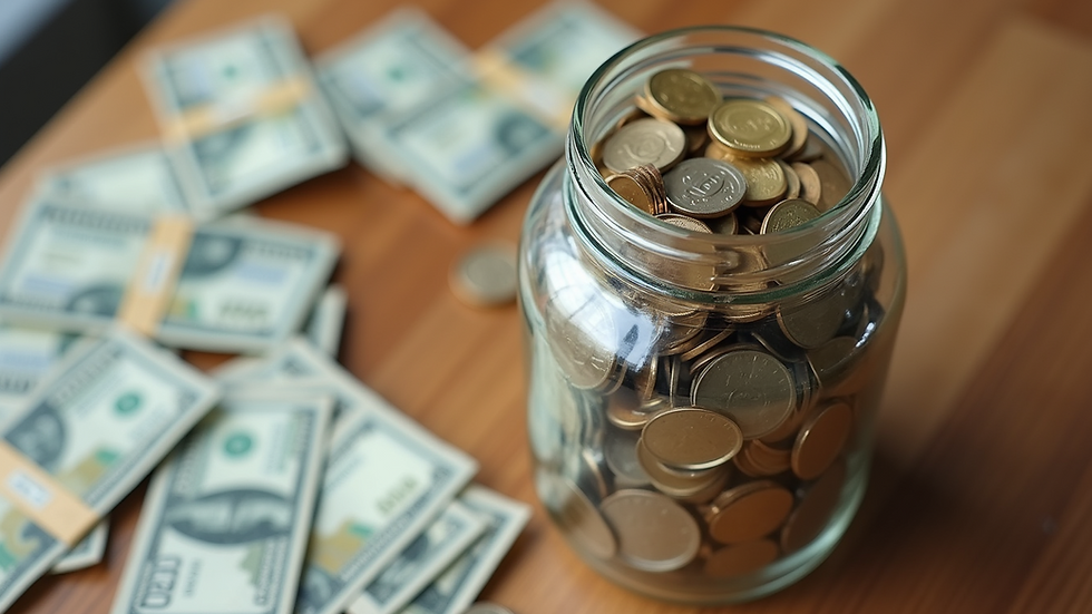 High angle view of a savings jar with cash and coins