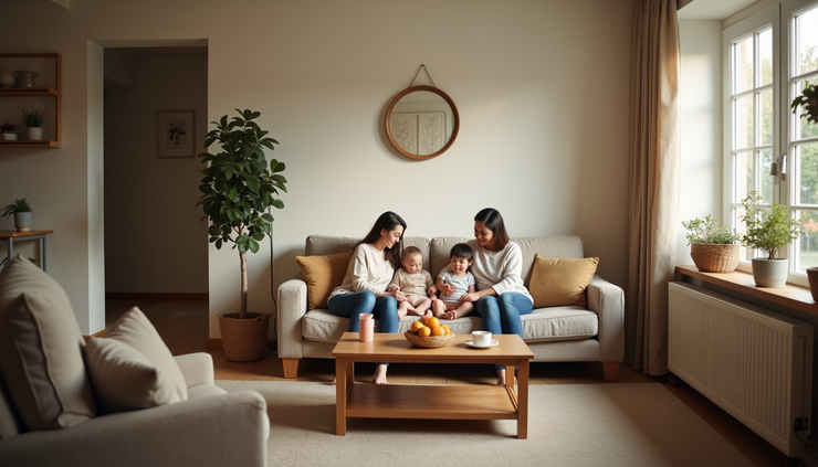 Eye-level view of a cozy living room with a family sitting on the couch, enjoying a calm Sunday afternoon