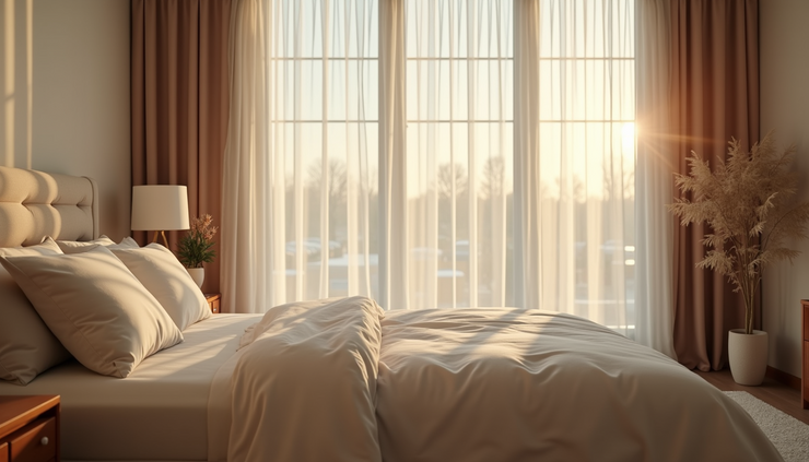 Eye-level view of a cozy bedroom with soft lighting and a neatly made bed