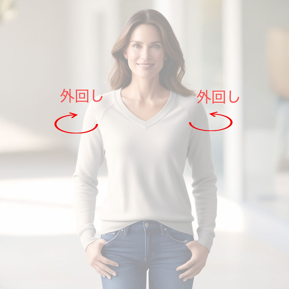 腕を外回し(外旋)して肩を下げている女性。姿勢改善のためのワン