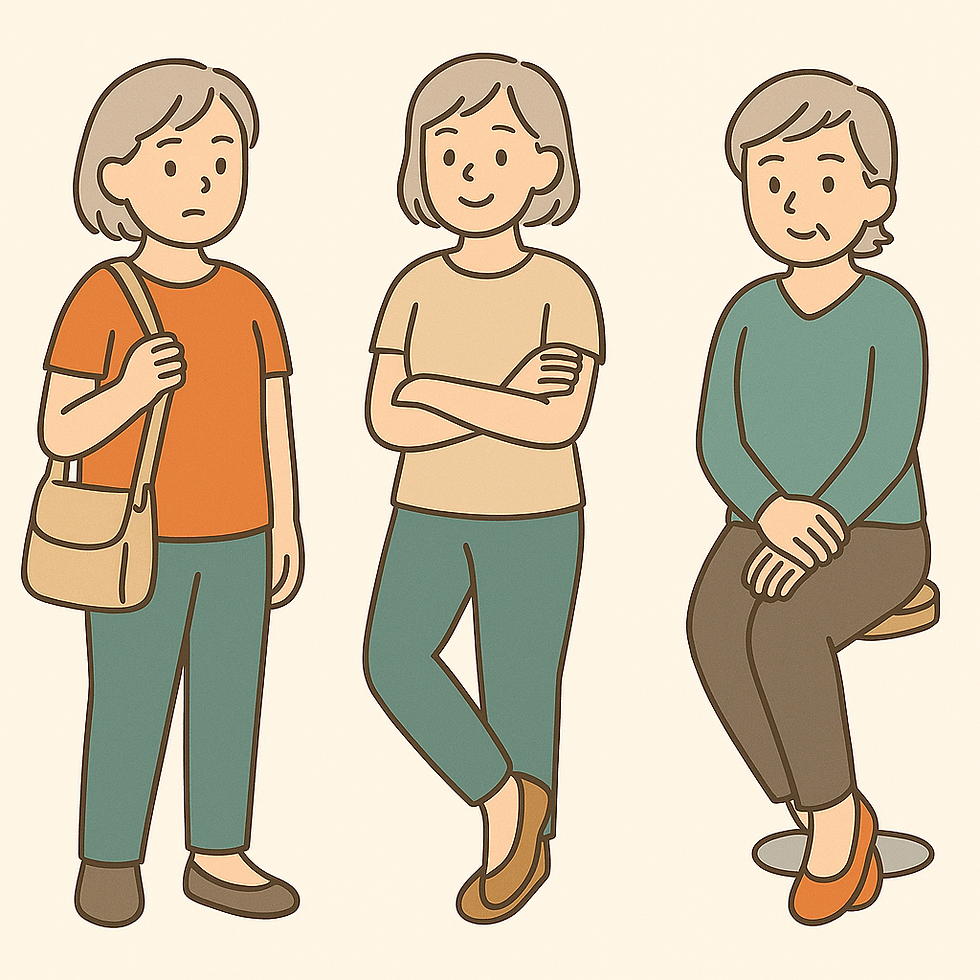 バッグをいつも同じ肩にかけている女性、 立つ時に片足に重心を乗せている女性、 座る時に足を組むクセがある女性