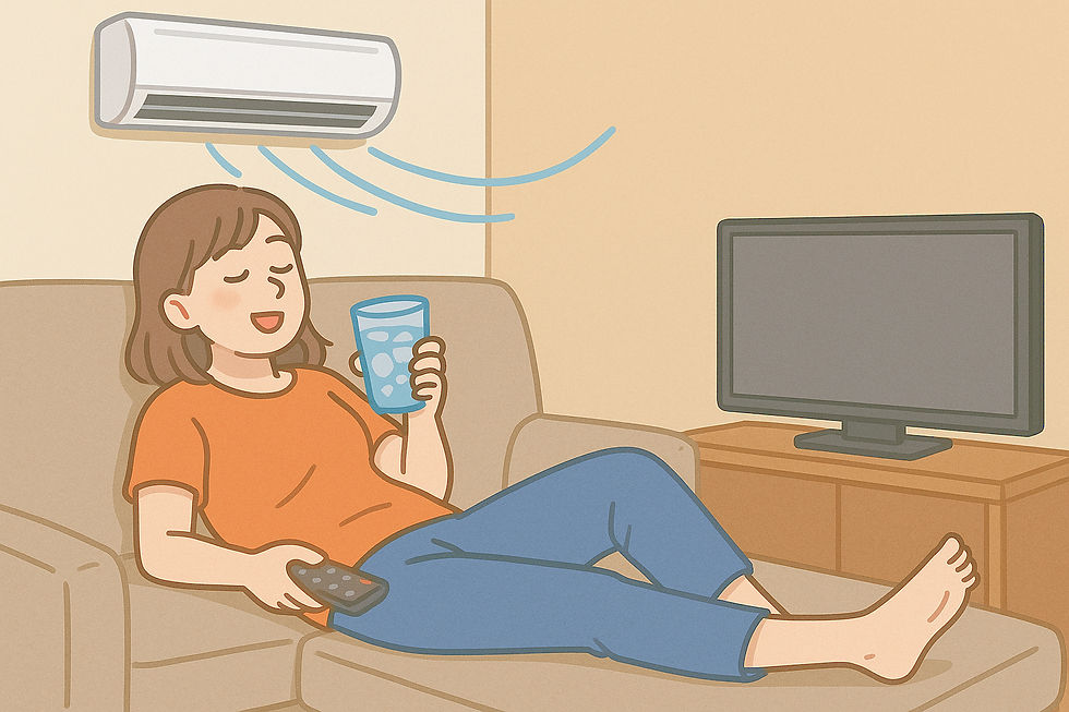 クーラーがきいた部屋で冷たい飲み物片手にリラックスしている女性