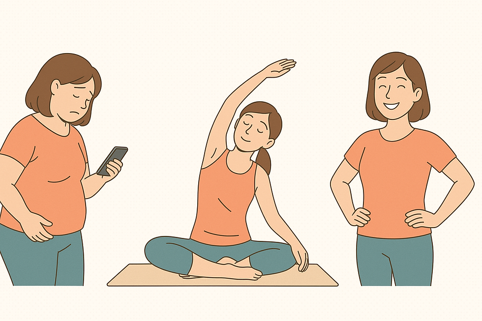 太った女性・ヨガをする女性・すっきりと身体が整った女性