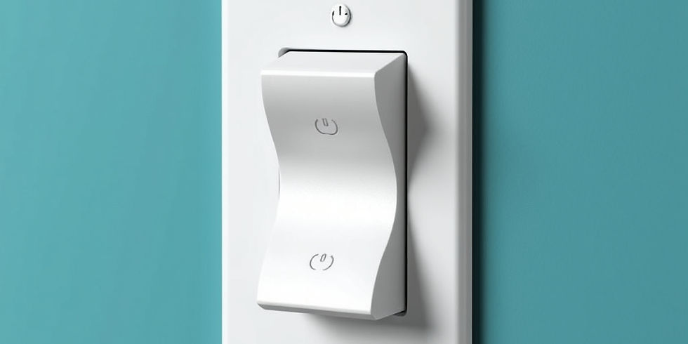 Curved white light switch with power symbols on a teal wall. The design is modern and smooth, emphasizing simplicity and functionality.