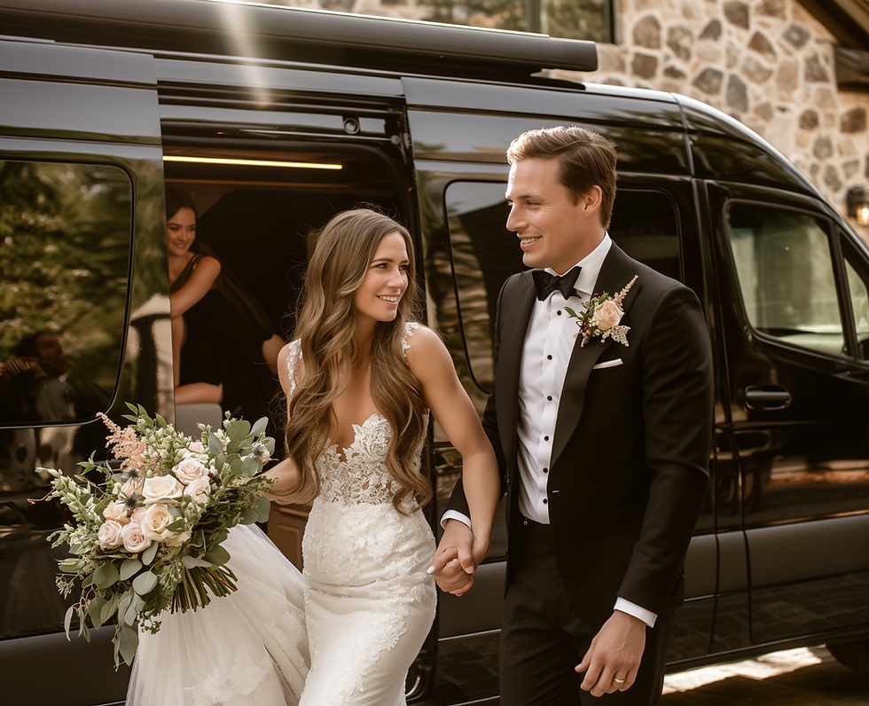 Bride and groom exiting a black luxury sprinter van for Charlotte wedding limo transportation