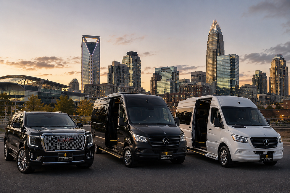 Executive airport transfer in black GMC Yukon SUV and Mercedes Sprinter van for Charlotte limo and black car service