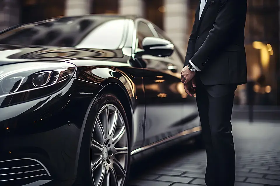 Professional chauffeur in suit standing beside a luxury black car for private chauffeur and executive transportation service in Charlotte NC