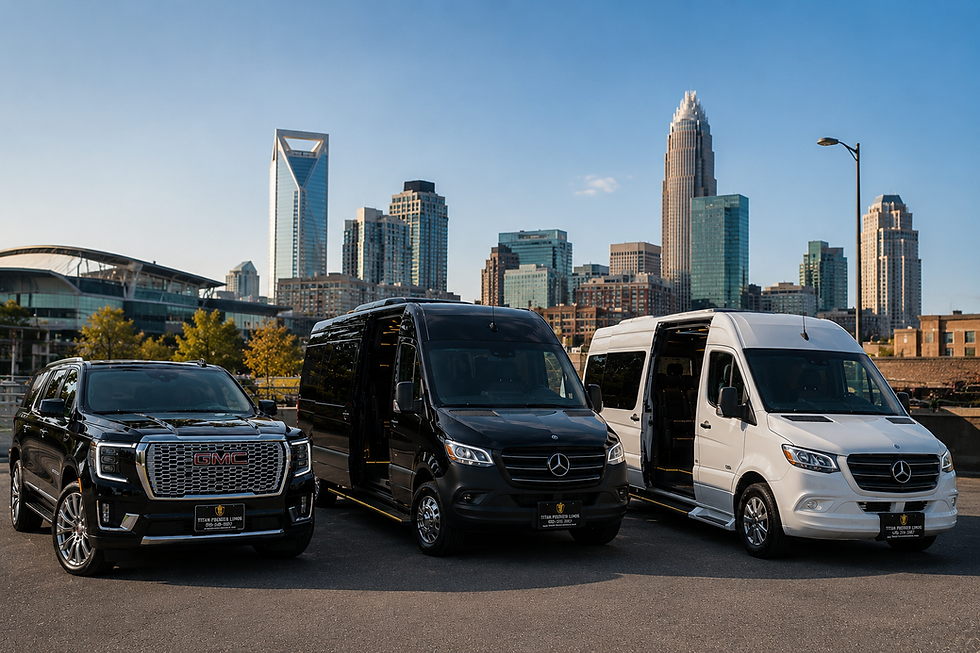 Titan Premier Limos fleet in Charlotte NC featuring a black GMC Yukon XL luxury SUV and two Mercedes Sprinter vans for airport transportation and private chauffeur service.