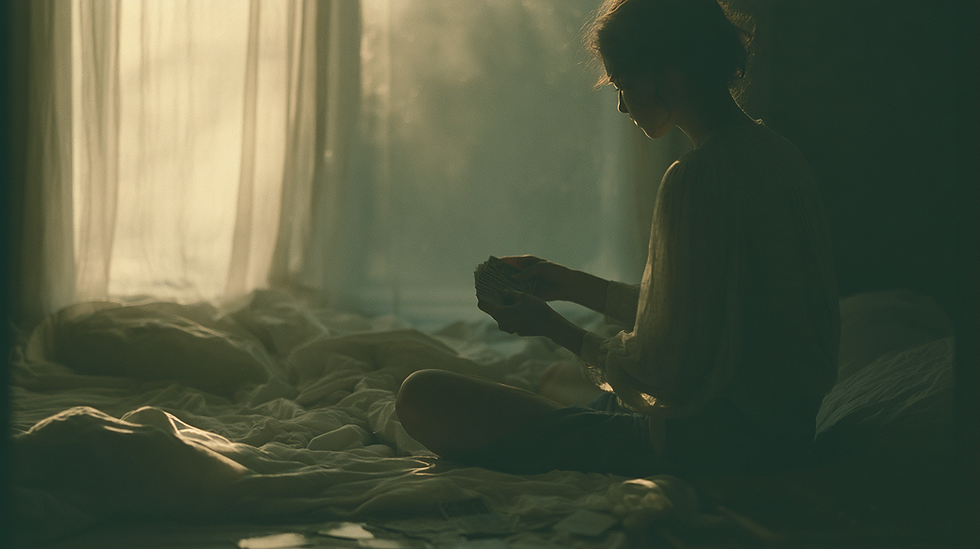 Silhouetted woman sits on an unmade bed, counting a stack of cash by a sunlit curtain in a dim, greenish room.