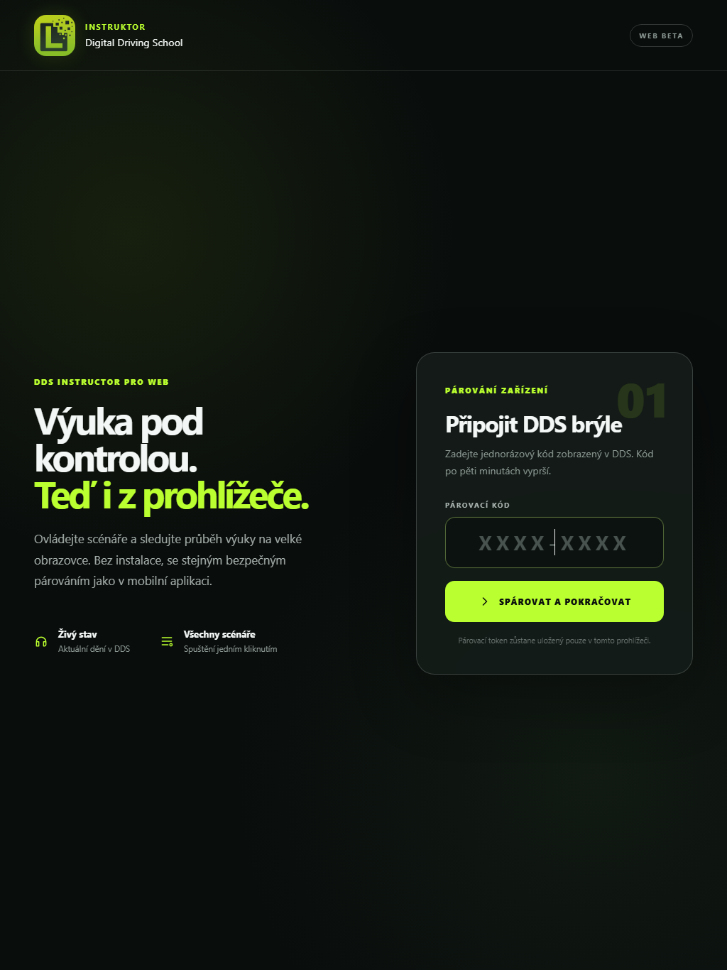 Párovací obrazovka DDS Instructor s polem pro kód z headsetu.