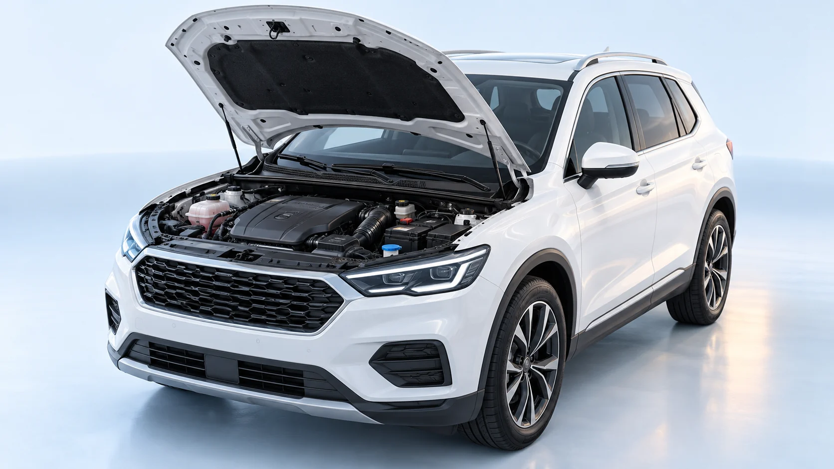 Ilustrační model osobního automobilu s otevřenou kapotou a viditelným motorovým prostorem.