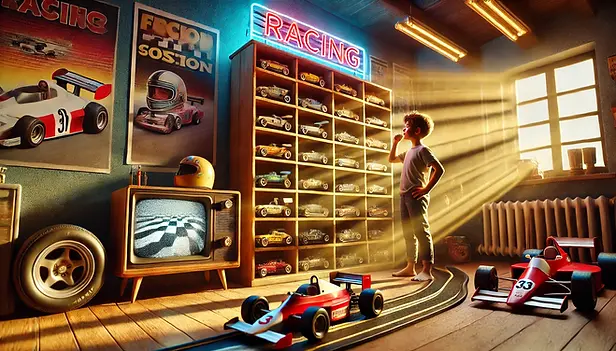 DALL·E 2025-01-13 20.56.26 - A vibrant retro-themed racing room with a wooden shelf showca
