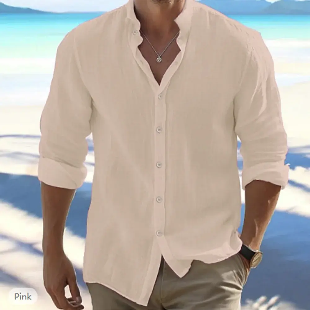 Cotton Linen Hot Sale Men's Long-Sleeved Shirts Summer Solid Color Stand-Up