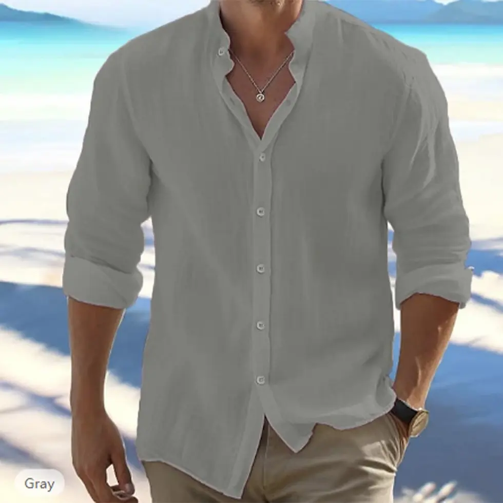 Miniatura: Cotton Linen Hot Sale Men's Long-Sleeved Shirts Summer Solid Color Stand-Up