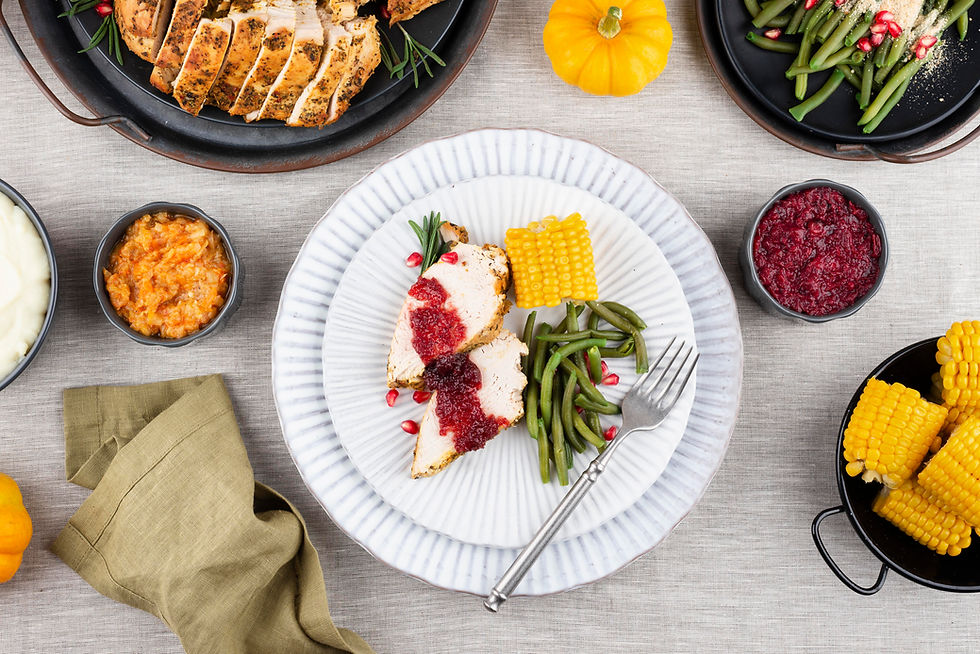 plate from above with turkey green breans and corn