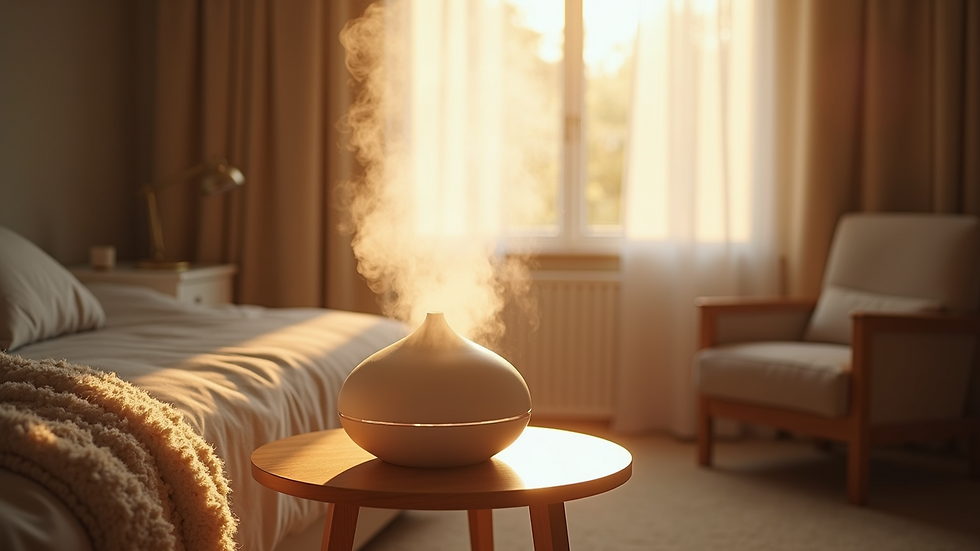 High angle view of diffuser releasing mist in cozy room