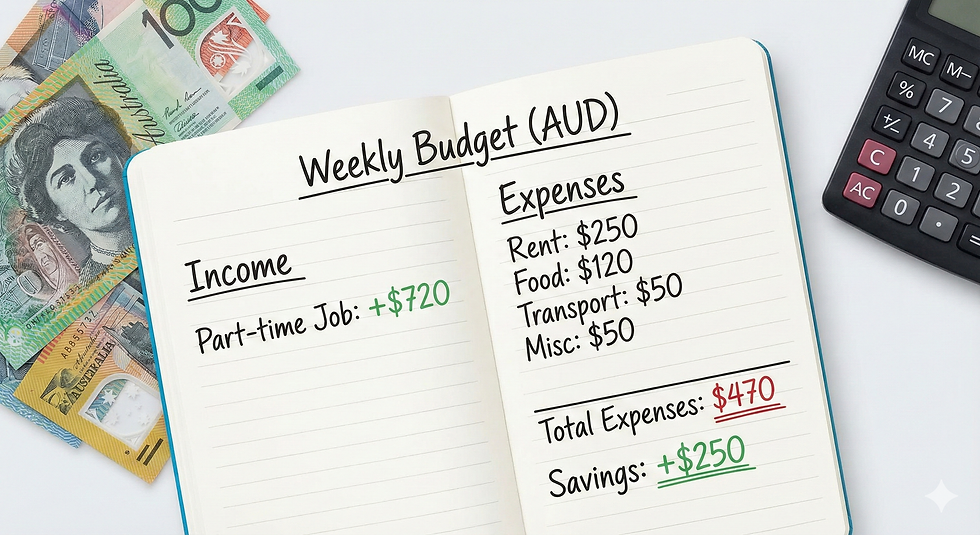 สมุดจดบันทึกเปรียบเทียบรายรับรายจ่ายของนักเรียนในออสเตรเลีย แสดงเงินเหลือเก็บจากการทำงานพาร์ทไทม์