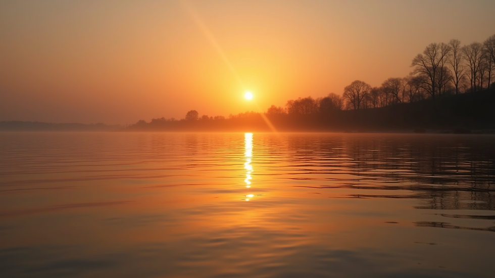 Weitwinkelaufnahme eines ruhigen Sees bei Sonnenuntergang, Symbol für innere Harmonie