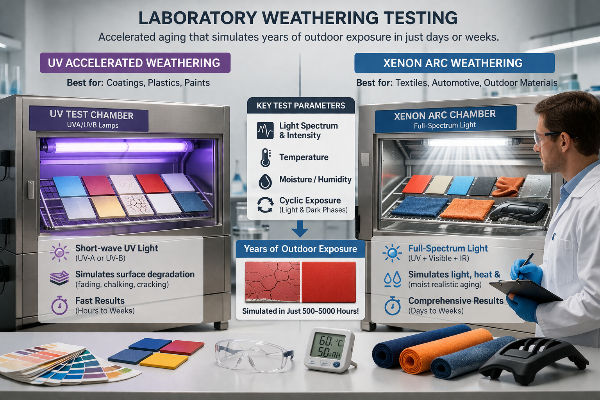 Laboratory weathering testing compares UV and xenon arc methods to evaluate how materials perform under simulated outdoor exposure.