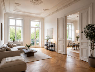 Heller Wohnraum mit Stuckdecke, Sofa, Couchtisch, Pflanzen und offenen Doppeltüren zum Esszimmer. Berlin Altbauwohnung mit Flügeltür. 