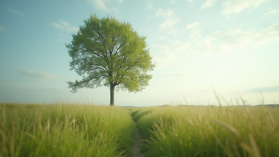 Eye-level view of a serene landscape with a single tree